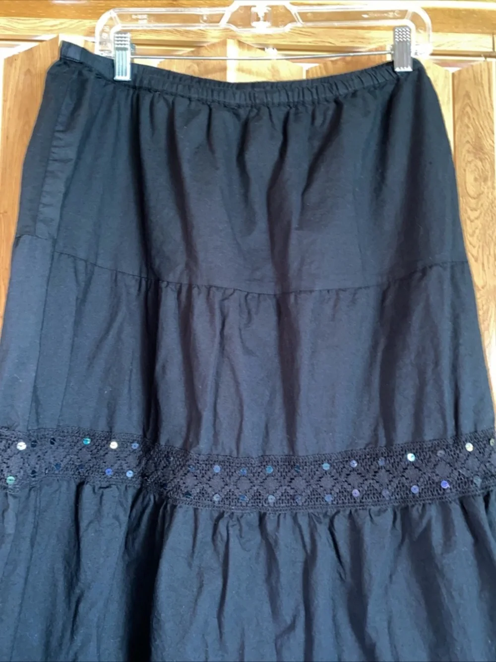 Vtg Faded Glory Sequin Tiered Maxi Skirt Sz 16 Black Broomstick Boho Festival
